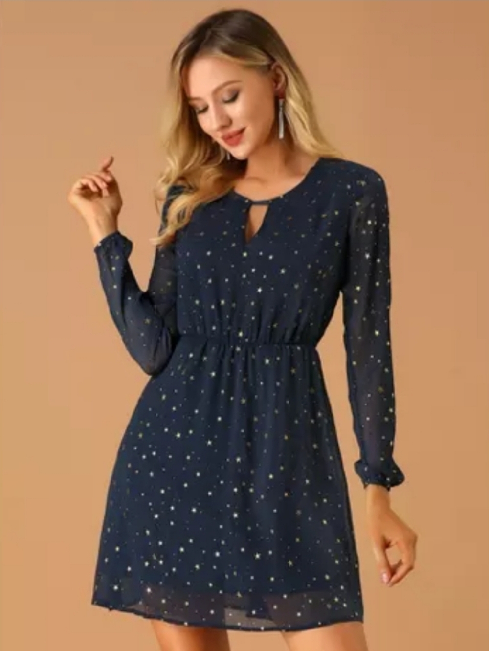 ✨️Allegra K Navy Dress with Gold Star Print - Long Sleeve. Never Been Worn.✨️